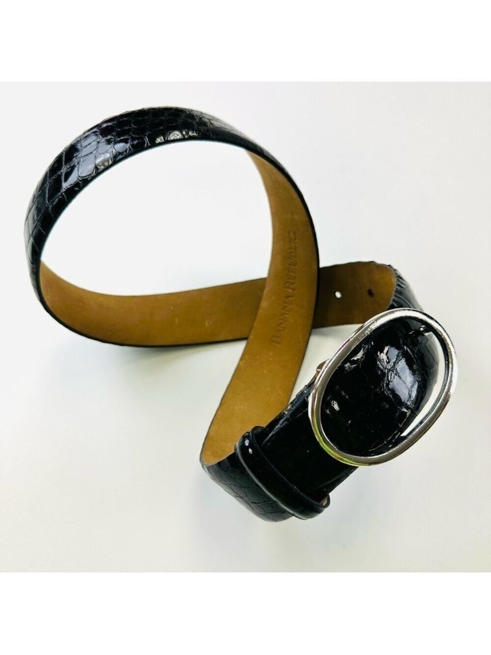 Banana Republic black patent croc Genuine Leather silver oval buckle belt Medium